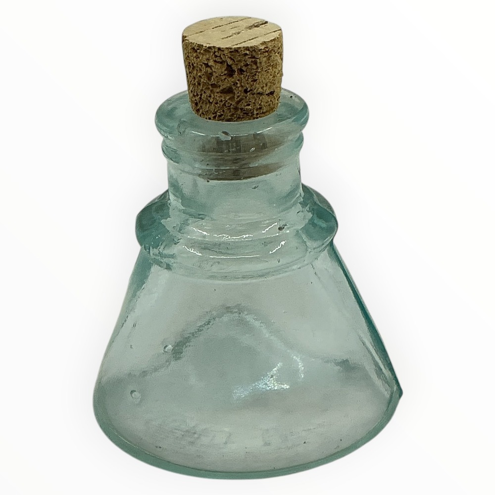 Antique Diamond Ink Co Aqua Glass Ink Bottle Cone Shape Embossed Cork Stopper